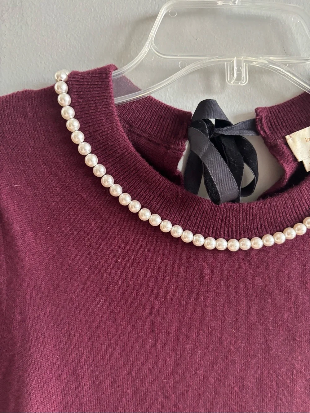 Kate Spade New York Pearl Embellished Velvet Bow Short Sleeve Sweater Burgundy M